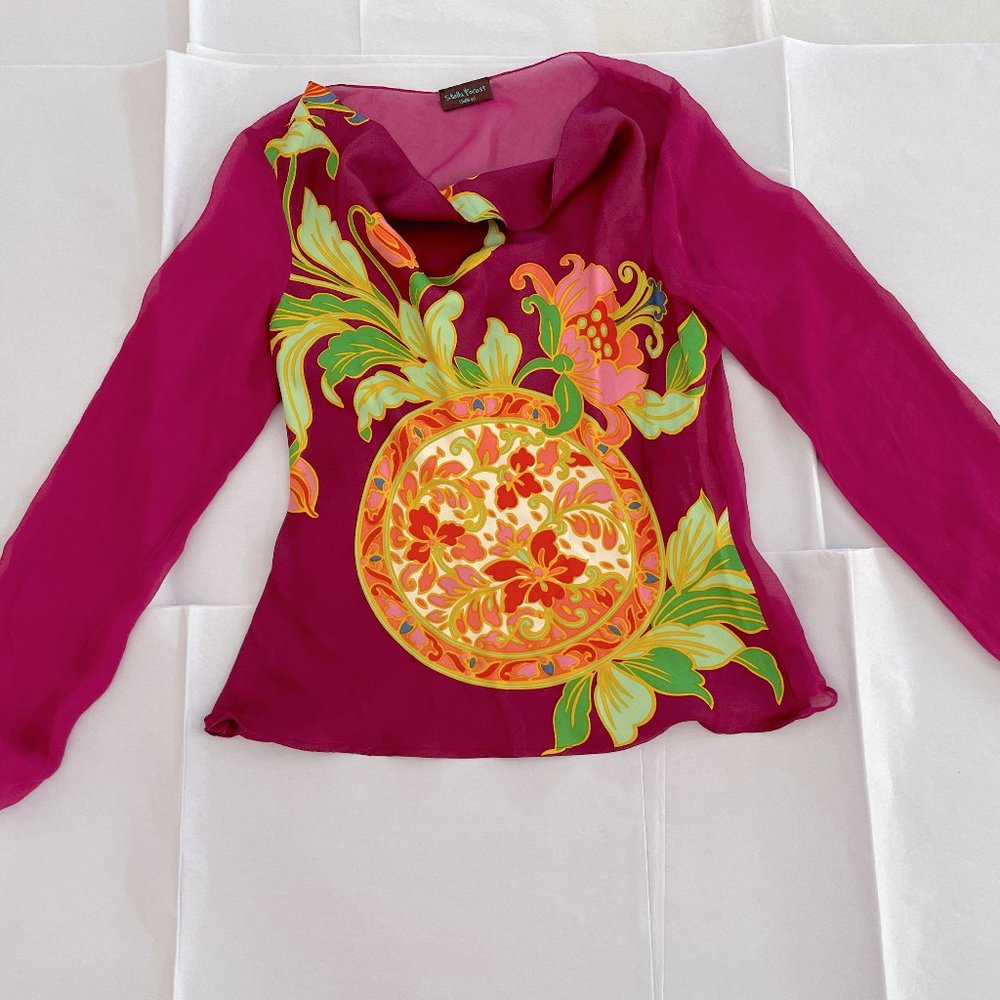 Stella Forest Silk Long Sleeve Blouse Top Pineapple Floral Sheer Back EUR 40